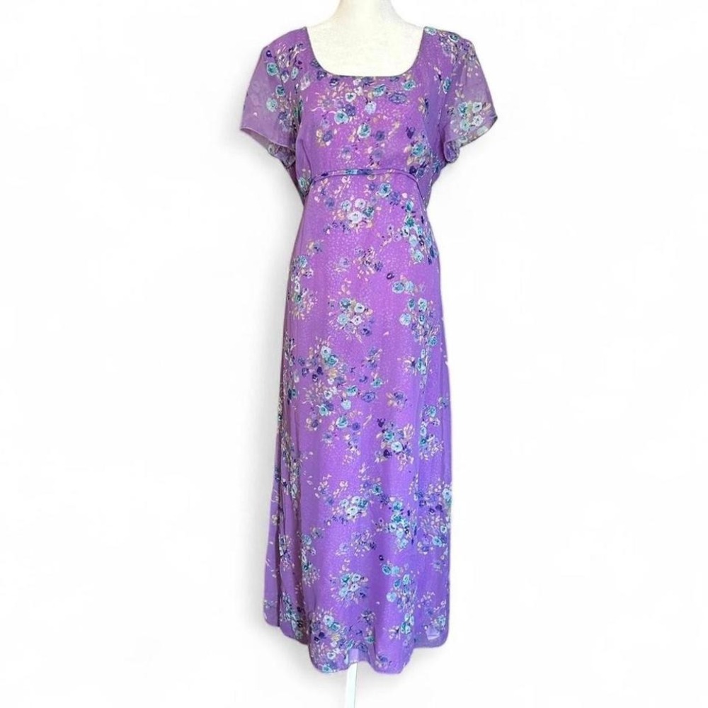 Vintage Maxi Dress Purple Floral Empire Waist 14 Cottagecore Vintage Fairy